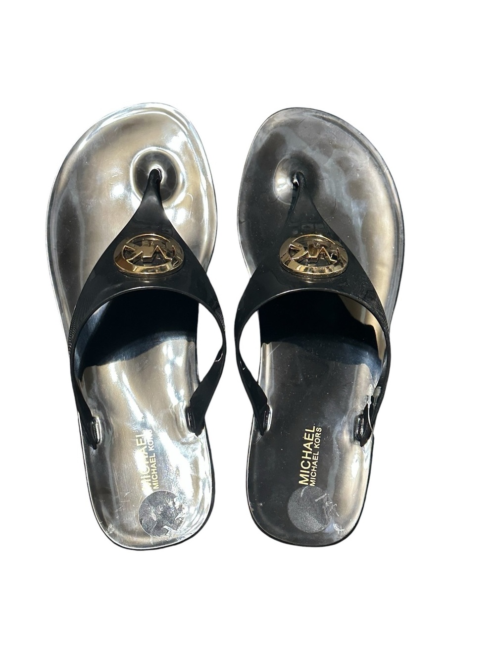 Michael Kors Black Jelly Logo Thong Sandals with Gold Emblem size 6 - Picture 3 of 4